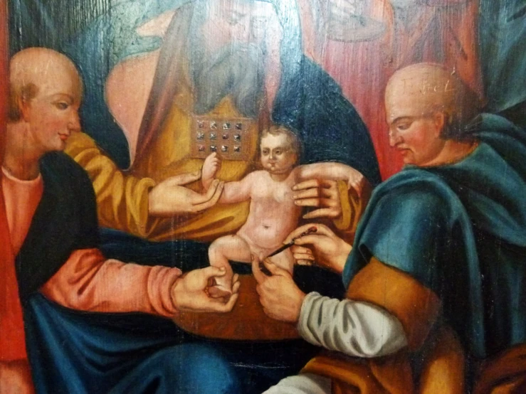 painting showing three men putting on baby in large room
