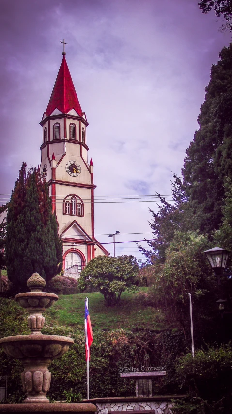 a very tall clock tower towering over a lush green park