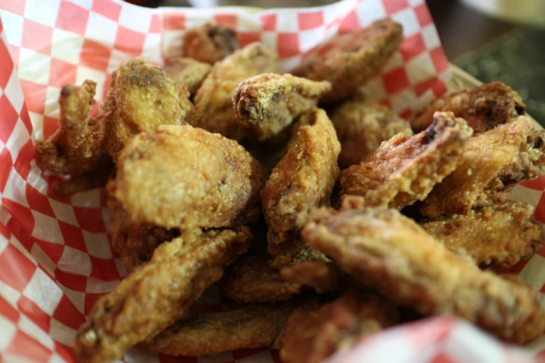 close up po of chicken wings in a basket