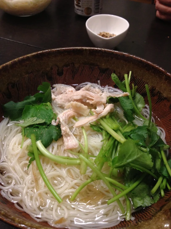 a bowl of asian noodles with broccoli and chicken