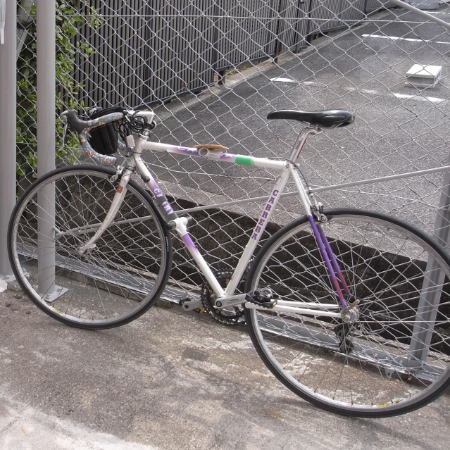 a bike rests against a fence next to a road
