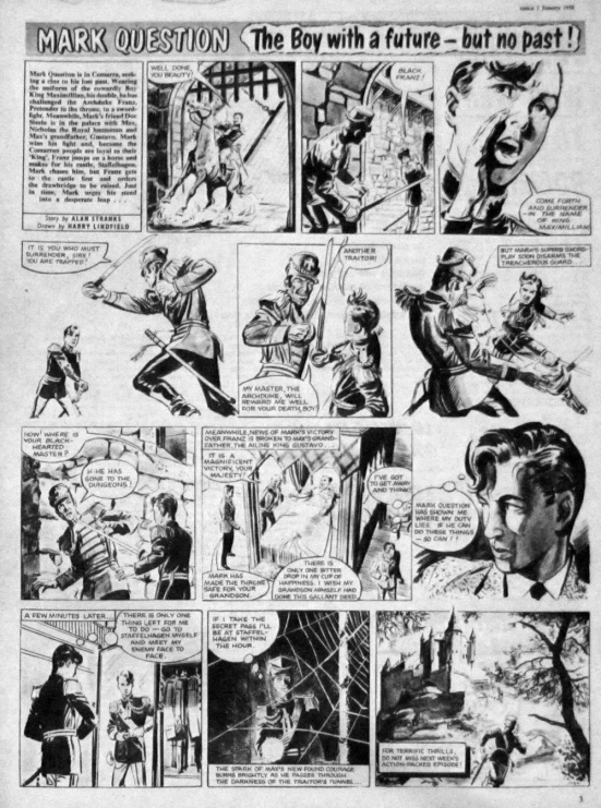 an old book page shows several comics, one depicting a man being stabbed by a woman