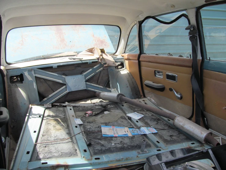 the interior of an old abandoned truck