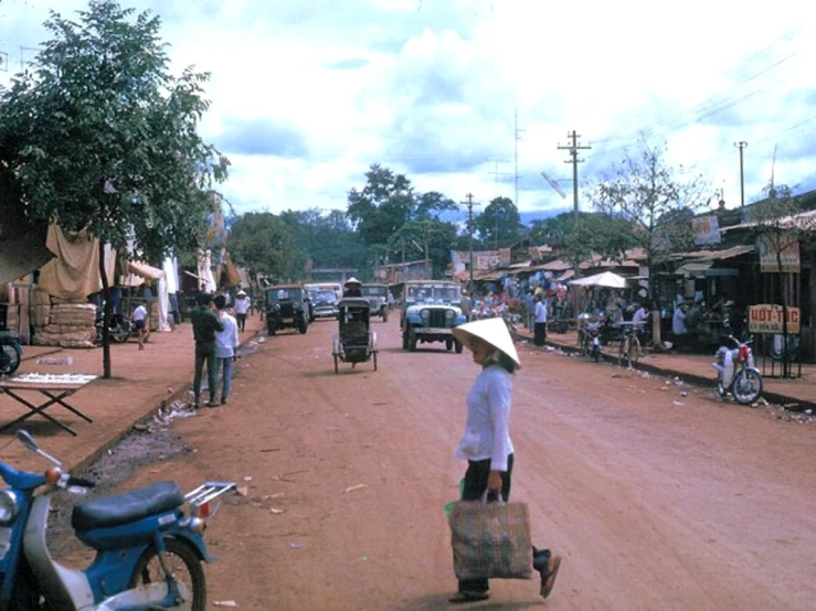 a woman carrying a small suitcase walks through a small village