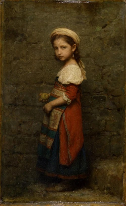 a painting of a woman in a red dress holding a doll