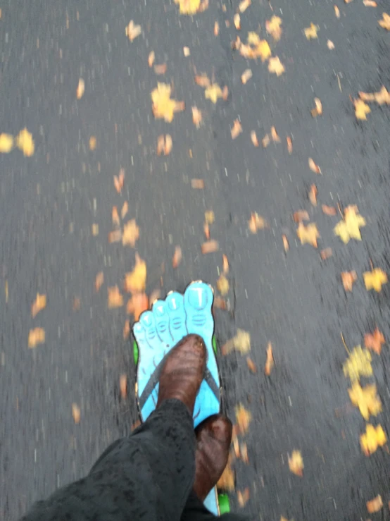 the foot is on a skateboard in front of leaves