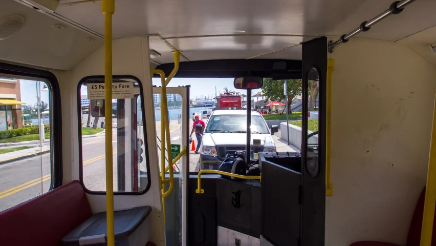 a view of a bus going through town