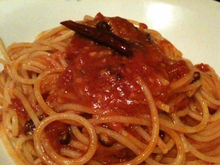 spaghetti dish with tomato sauce served on a white plate