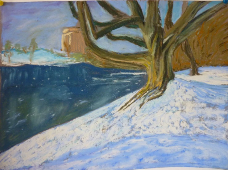 painting depicting a tree with snowy ground in foreground