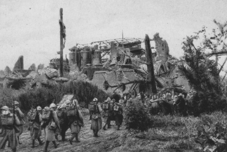 old black and white pograph of men with horses near destroyed building