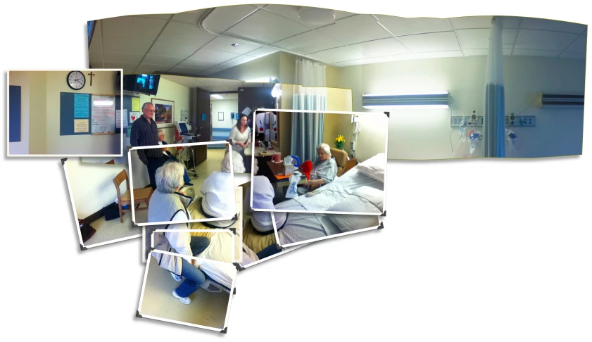 collage image of medical care center rooms with patient in bed