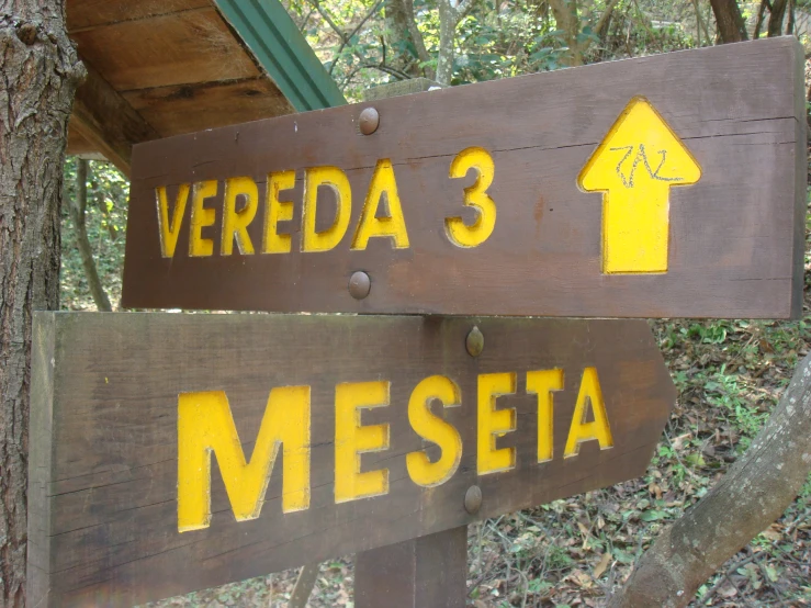 two signs pointing to three different destinations in the woods