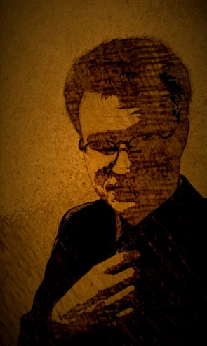 a pencil drawing of a person wearing glasses and a black blazer