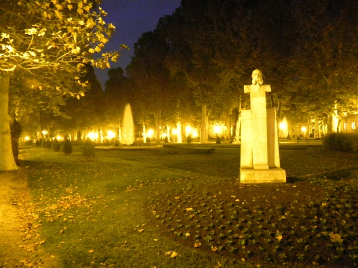 a park filled with lots of trees and lit up street lamps