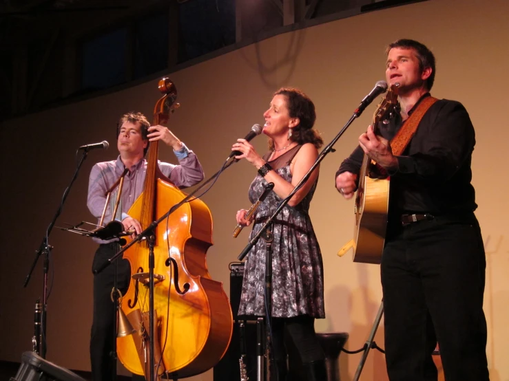 three musicians are singing on stage in concert