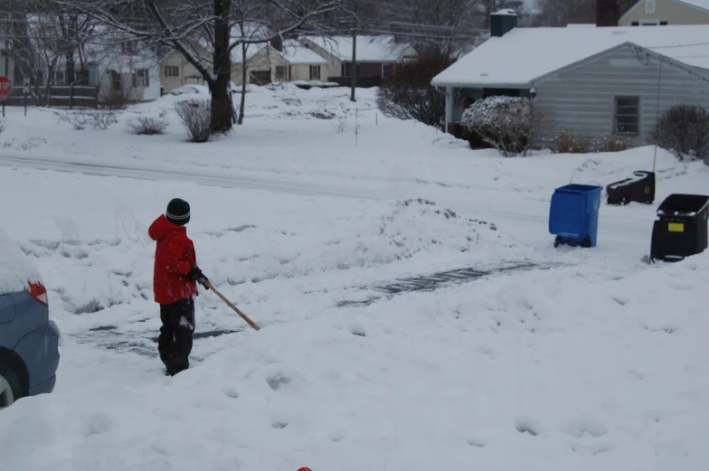 a person in a red coat walks through the snow