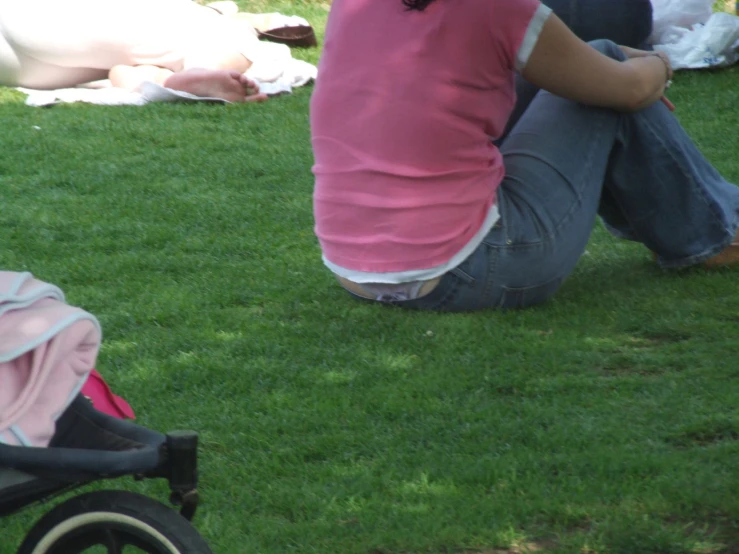a woman sitting in the grass with her baby in a stroller