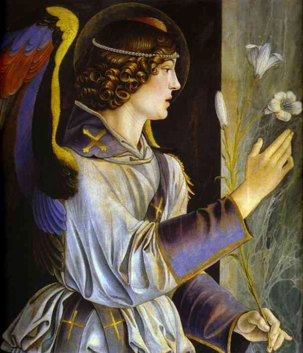 a painting of an angel holding flowers in her hands