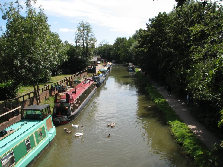 long canal with a green boat on it, people on the deck