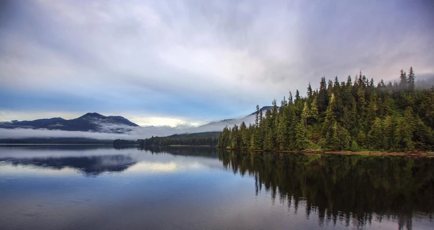 a landscape view of a mountain lake surrounded by trees