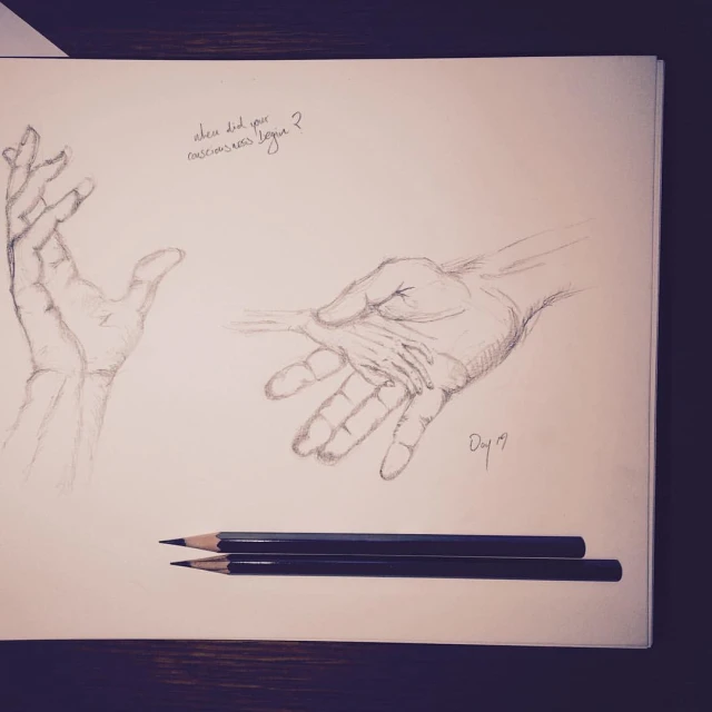 two drawings showing hands and hand gestures with a pencil