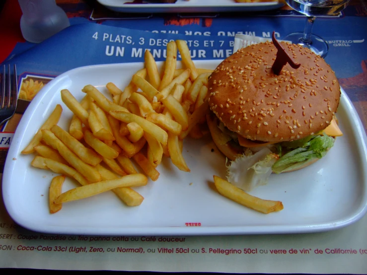 a large white plate with french fries and a hamburger