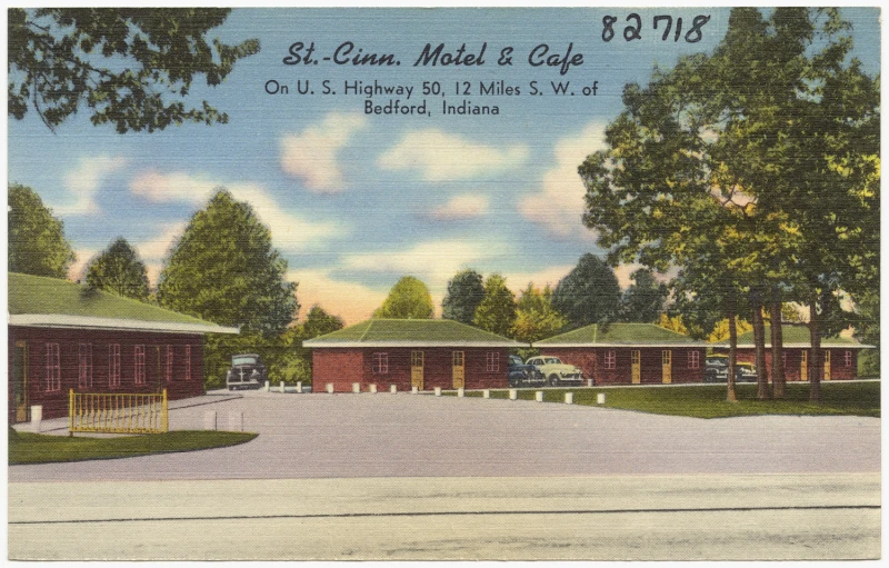 a postcard from the 1950s shows a motel and a car park