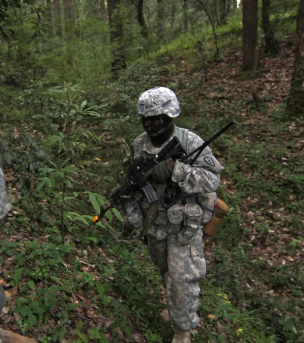 two soldiers with rifles in the woods