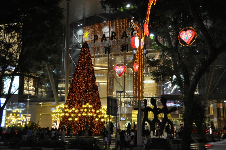 a lit christmas tree with many decorations on it