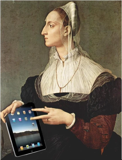 an old painting of a woman holding a tablet