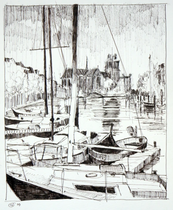 a drawing of boats docked at a dock