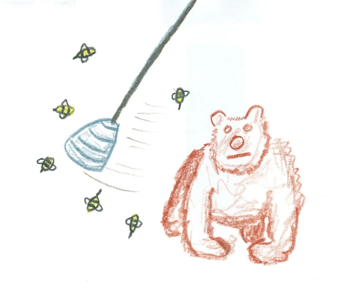 a drawing of a bear that has caught a fish with a pole