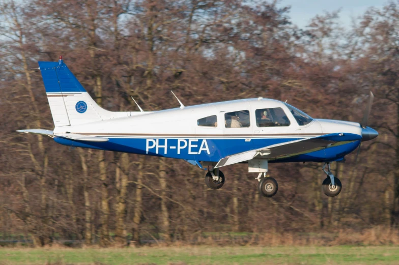 small airplane taking off from a runway in front of trees