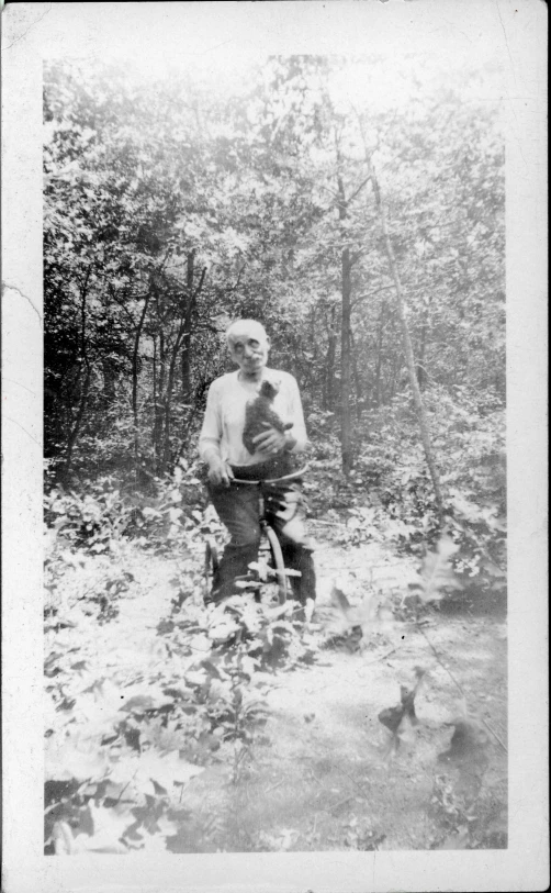 an old man standing in front of trees in a forest