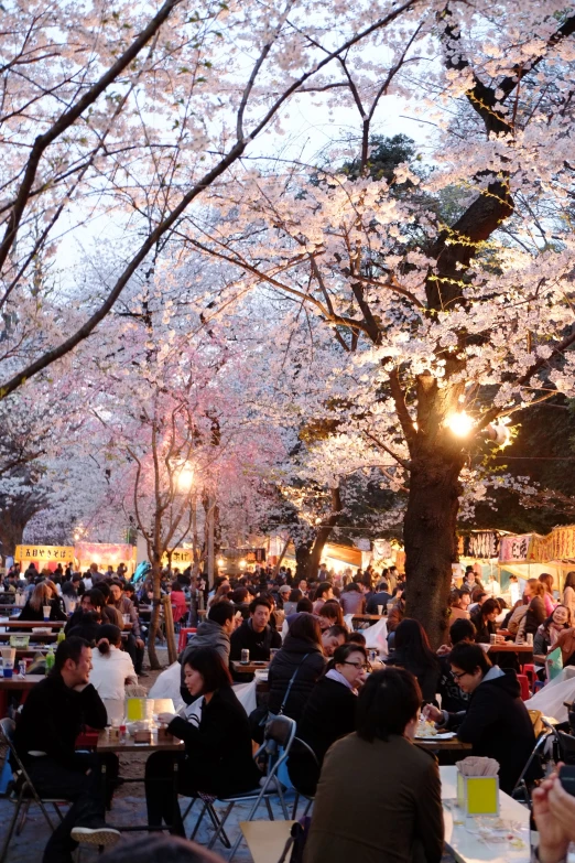 the people are sitting at the tables under the tree