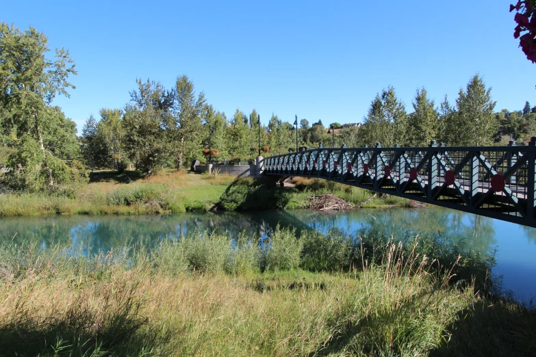 a small bridge over a small body of water