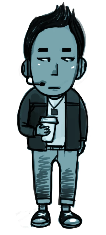 this drawing depicts a man in headphones with a cup of coffee