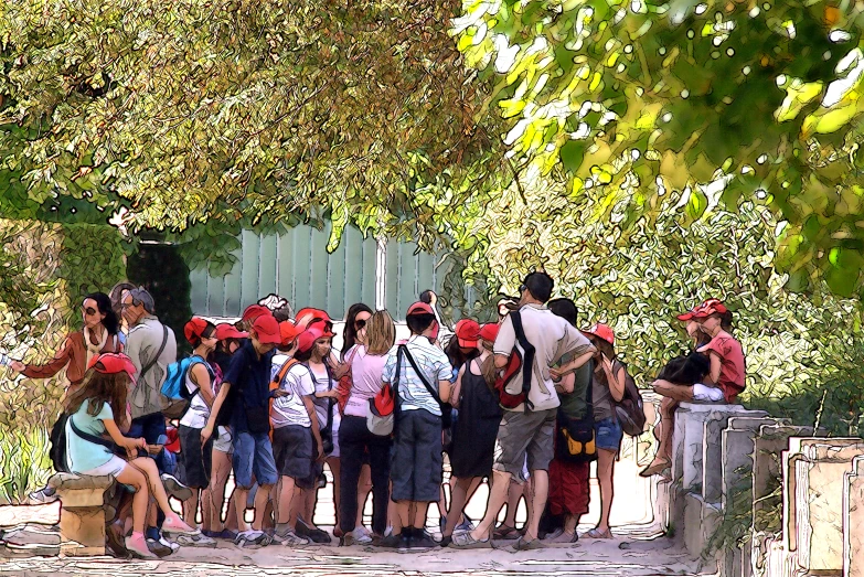 a large group of people standing under trees