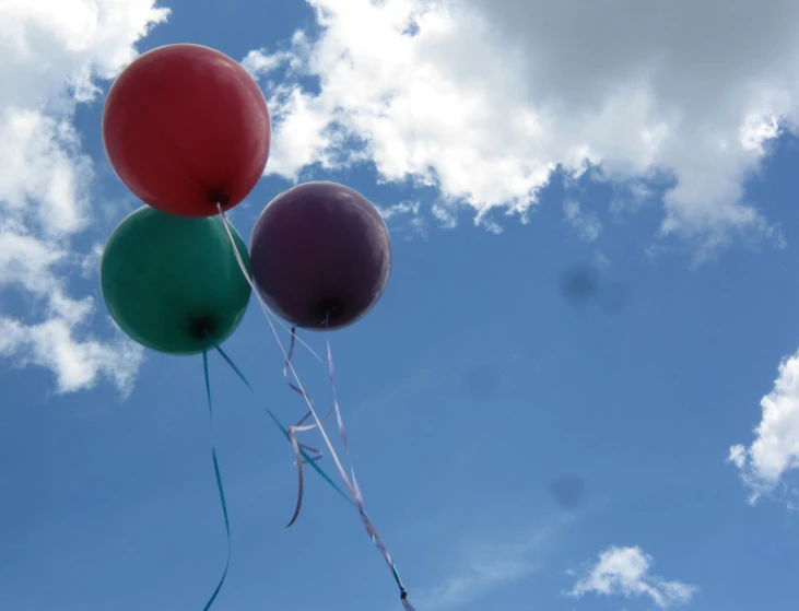 a group of balloons floating on a clear day