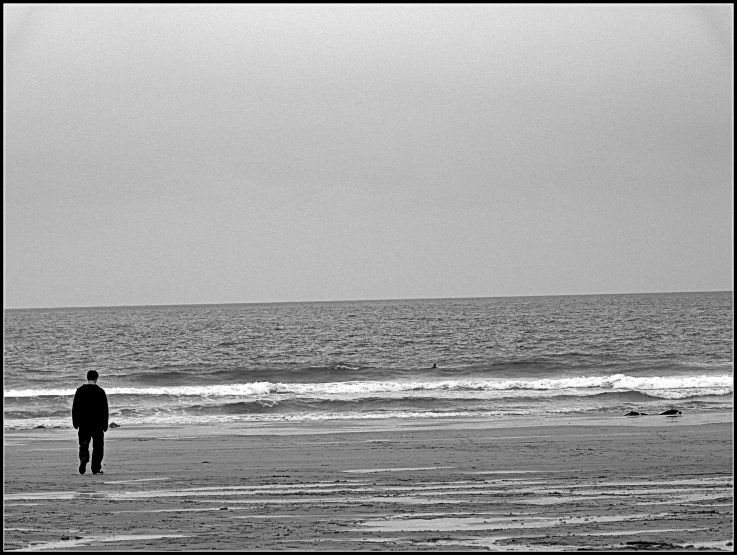 a person walks across a wet sand beach