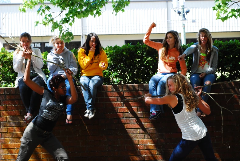 a group of s posing together on the top of a brick wall