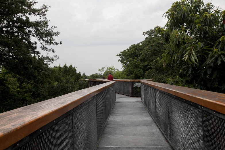 a wooden walkway with railings going across the sky