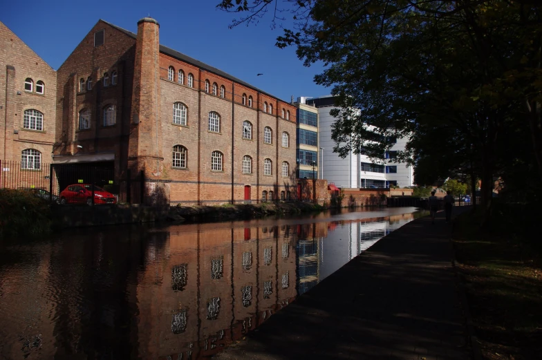 the exterior of a building next to a river