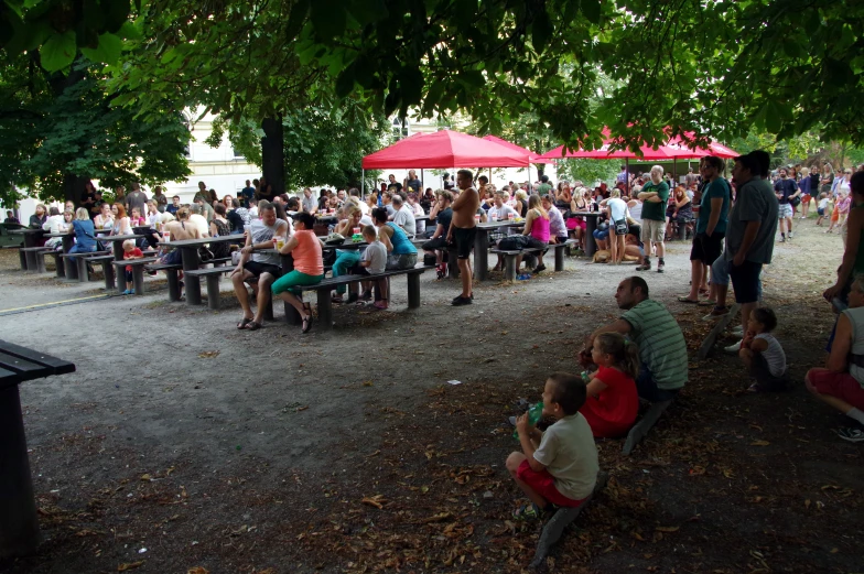 people sitting under umbrellas at a park