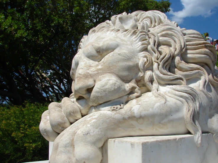 this is a large white lion statue outside