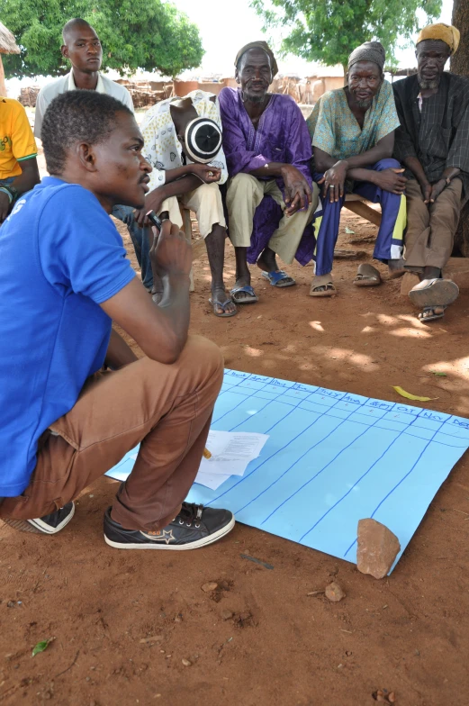 there are men sitting on the ground and playing game