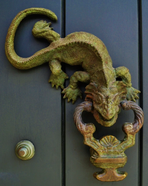 an ornate green and yellow lizard on a blue door