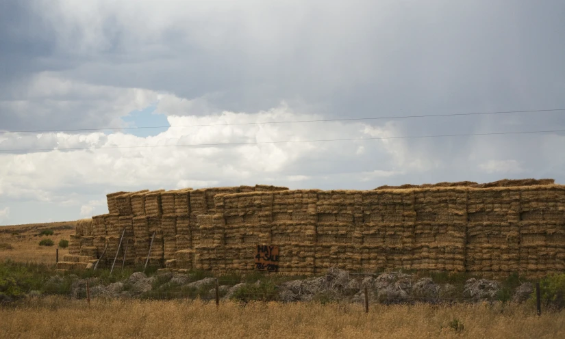 a sheep in the field by some hay bales