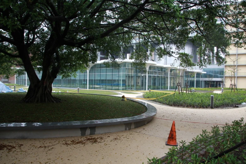 an orange cone is next to a road in front of a building