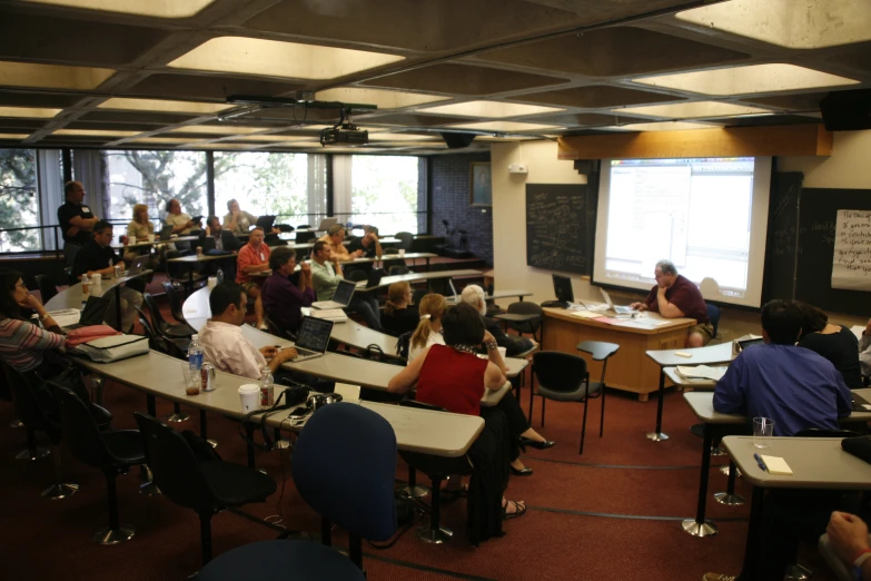 a class room filled with students and desks